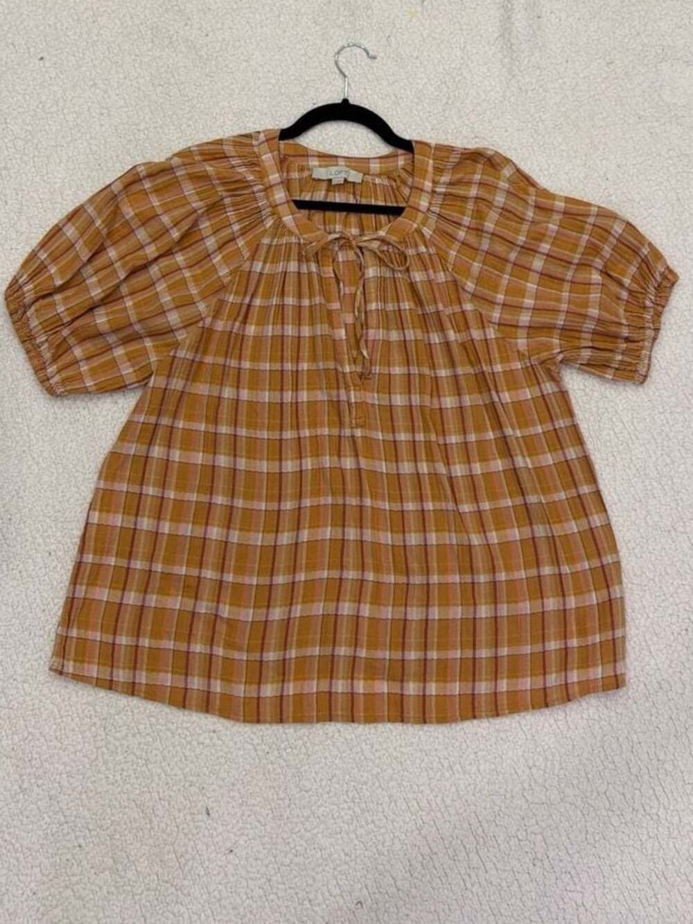 LOFT Plaid Tie-Neck Puff Sleeve Blouse Size L